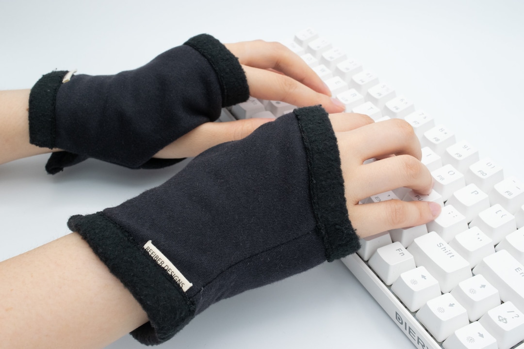 Organic Cotton Fleece Lined Fingerless Gloves, Black, Unisex Sizes XS ...