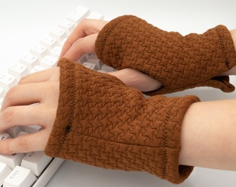 Quilted Knit Fleece lined Hand Warmers, tawny brown Unisex Wrist Warmer computer, Typing Gloves, tan Fingerless Gloves for women and men