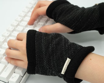 Cozy Textured Black/Grey Fingerless Gloves, Typing Texting Gloves Fleece lined, unisex hand warmer, knit wrist warmer, office, computer work