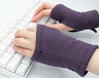 Organic Cotton Thermal Typing glove, Purple fingerless Glove, Gray thermal lining, computer typing texting, unisex hand warmer, wrist warmer