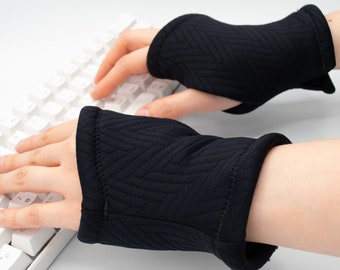 Quilted Knit Fleece lined Hand Warmers, black herringbone Unisex Wrist Warmer computer, Typing Gloves, Fingerless Gloves for women and men