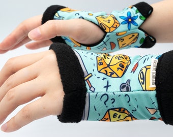 DnD Dice Fantasy Pattern Gaming Gloves, Hand Warmer Fleece lined, Unisex Wrist Warmer computer, Typing Glove, Black Fingerless Glove texting