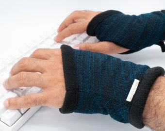 Cozy Textured Black/Teal Fingerless Gloves, Typing Texting Gloves Fleece lined, unisex mens hand warmer, wrist warmer, office, computer work
