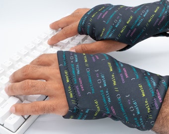 JavaScript Coding Gloves, Hello World, Hand Warmer Fleece lined, Unisex Wrist Warmer computer, Mens Typing Glove, Black Fingerless Gloves