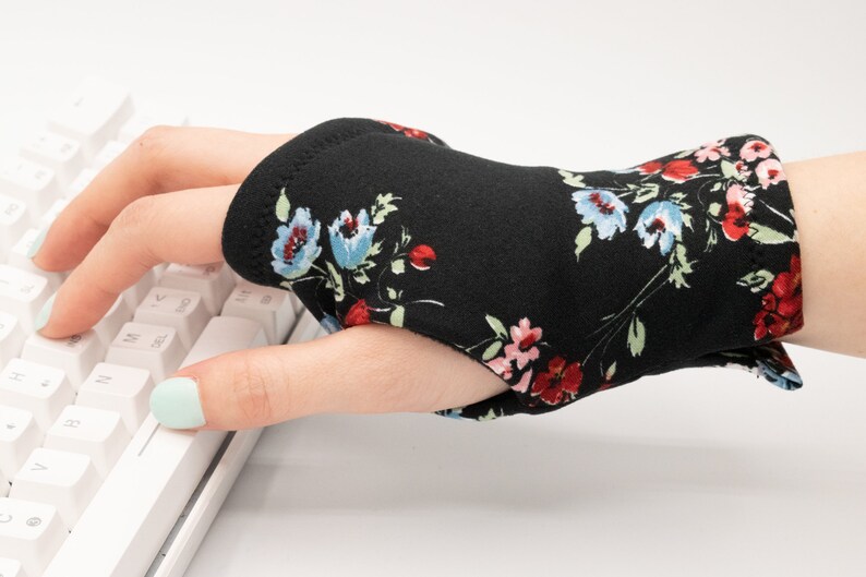 Black Floral Fingerless Gloves, Typing Texting Gloves Fleece Lined