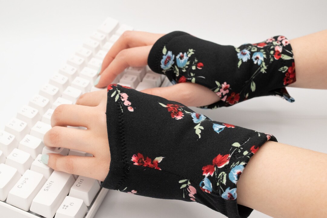 Black Floral Fingerless Gloves, Typing Texting Gloves Fleece Lined