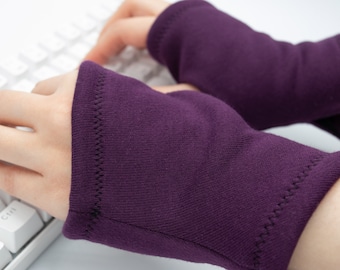 Fleece lined Soft Plum Hand Warmers, Unisex Wrist Warmer computer, Typing Gloves, Black Fingerless Gloves for women men, gamer glove coder