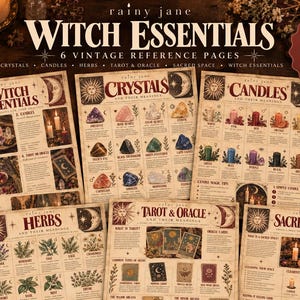 Può includere: Sei pagine di riferimento in stile vintage intitolate Witch Essentials, Crystals, Candles, Herbs, Tarot & Oracle e Sacred Space. Ogni pagina presenta illustrazioni, testo descrittivo e motivi celesti su uno sfondo color crema.