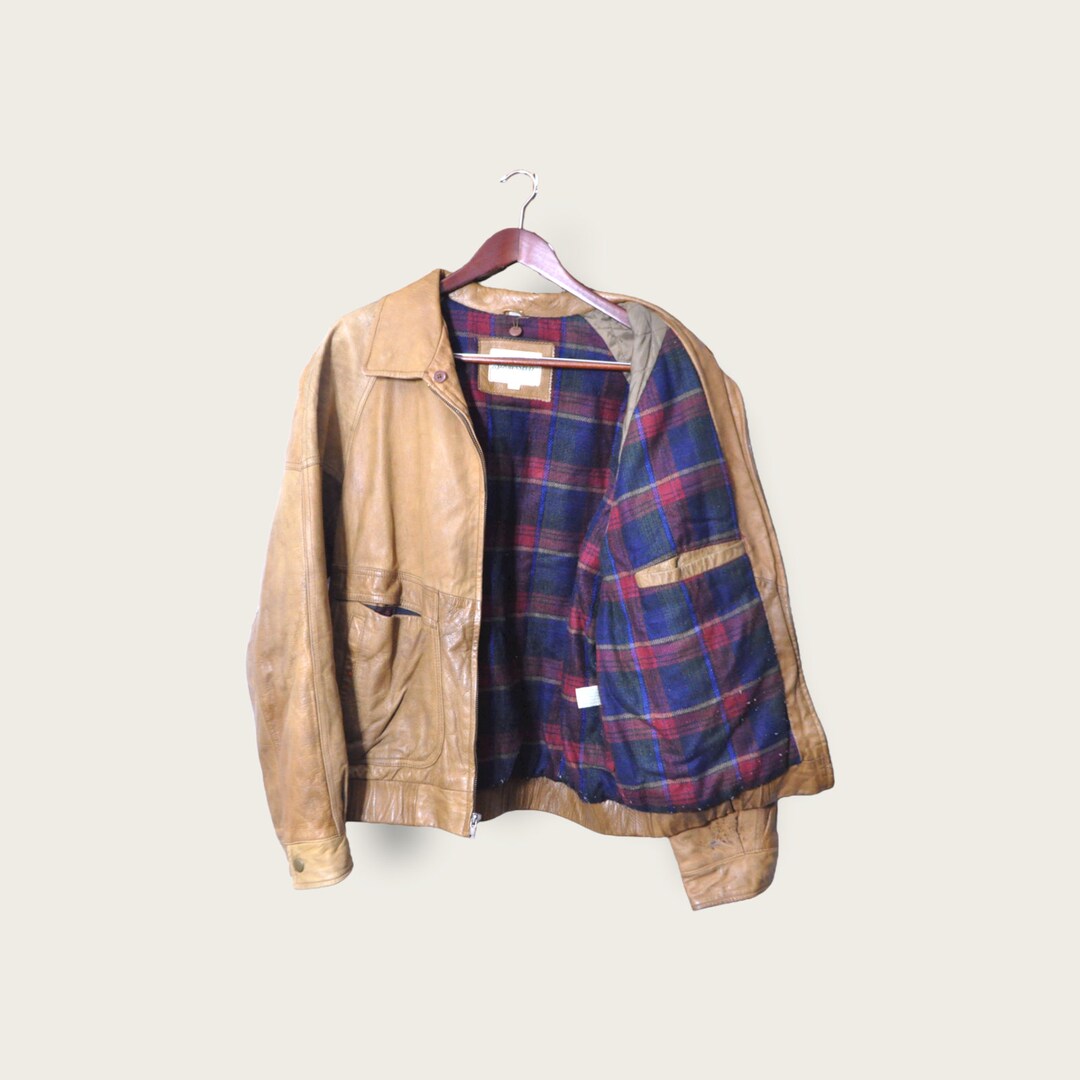 Vintage Tan Leather Jacket Large Thick Heavy Coat St Johns Bay Etsy