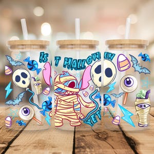 Is it Halloween Yet Glass Can - Blue Alien Glass Can - Mummy Alien Glass Can - Horror Stitch - Halloween Drinkware - 16oz Cup