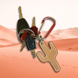 Leather Cactus Keychain, Natural Stitched Finish | Western Stocking Stuffer
