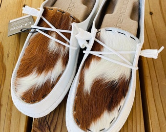 White Customized Hair-on Cowhide Womens Hey Dudes
