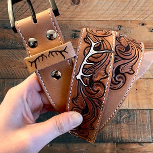 Custom Tooled Leather Belt PDF Pattern | Elk Antlers | DIY Patterns