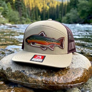 Tooled Leather Trout Patch Hat: Fishing Snapback Trucker Cap