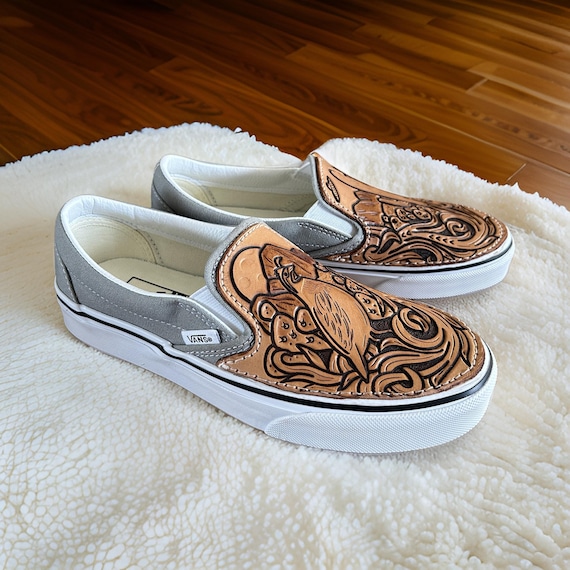 Tooled Desert Quail Vans Womens Size 7.5 Mens Size 6 Western Vans Desert Vibes Custom Leather Slip Ons Etsy