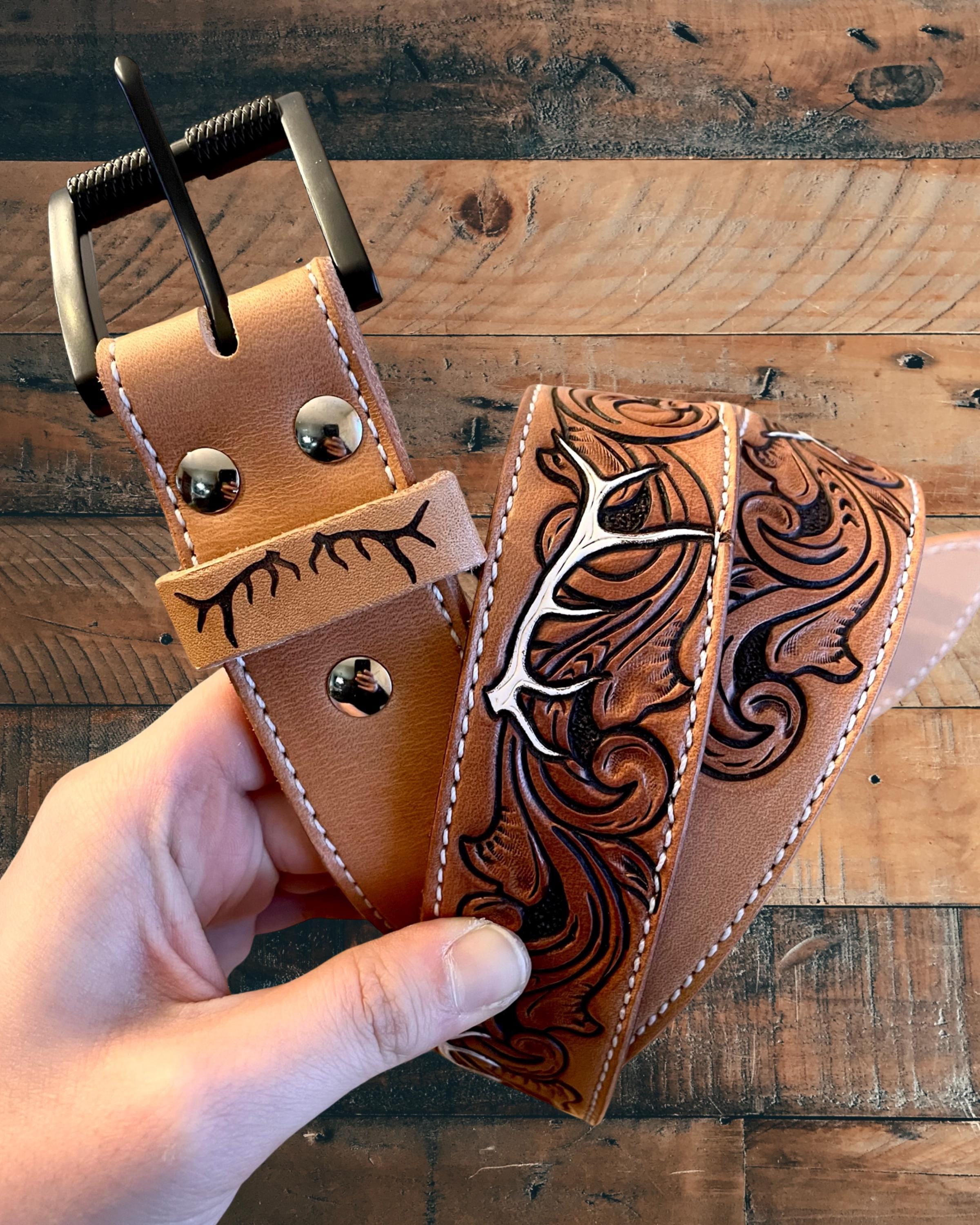 Custom Tooled Leather Belt PDF Pattern | Elk Antlers | DIY 