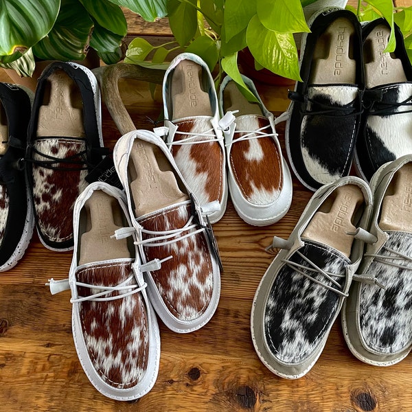 Custom Cow Print Womens Dudes | Cowhide Moccasins | Western Style Shoes