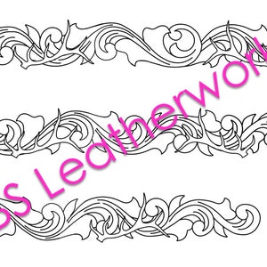May include: Black and white line art of three decorative border designs. Each design features swirling floral and antler-like elements. The text "TBS Leatherworks" is visible in the image.