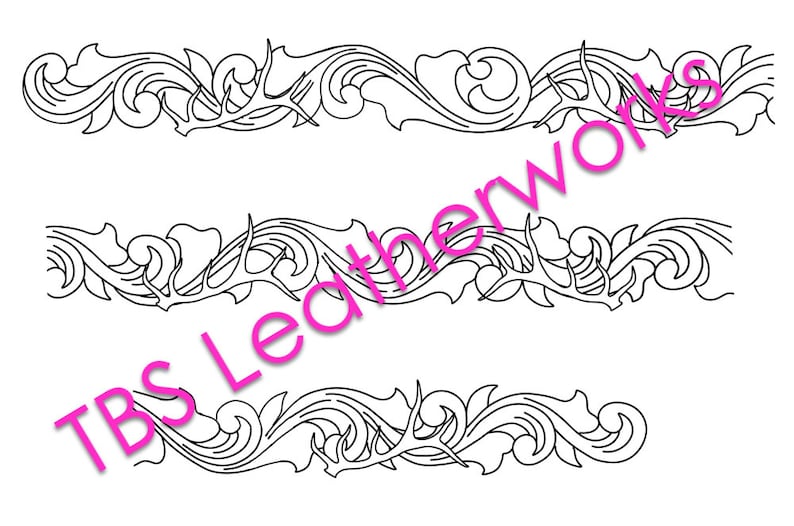 May include: Black and white line art of three decorative border designs. Each design features swirling floral and antler-like elements. The text "TBS Leatherworks" is visible in the image.
