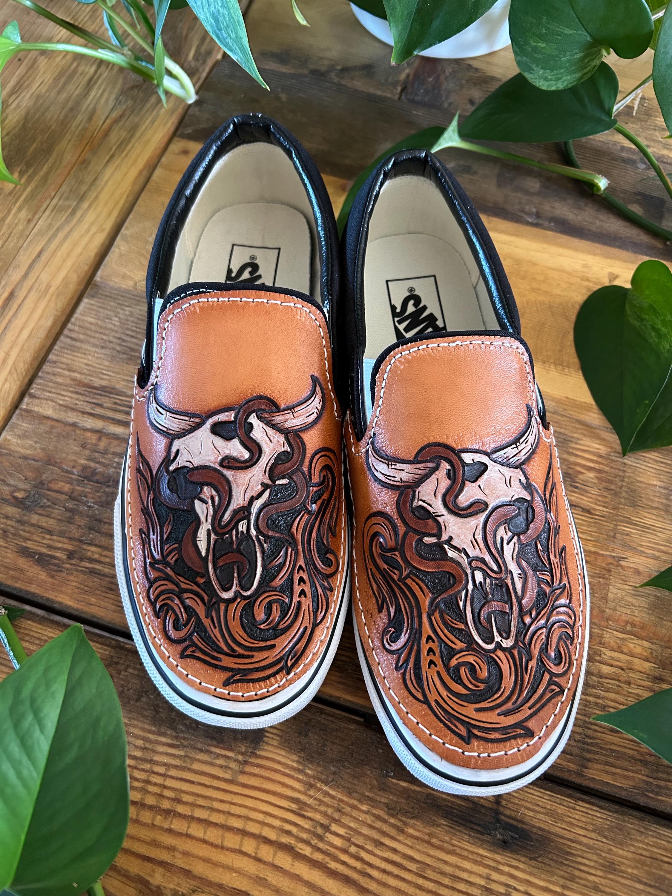 Tooled Leather Cow Skull & Snakes Vans: Western Desert Slip Ons 