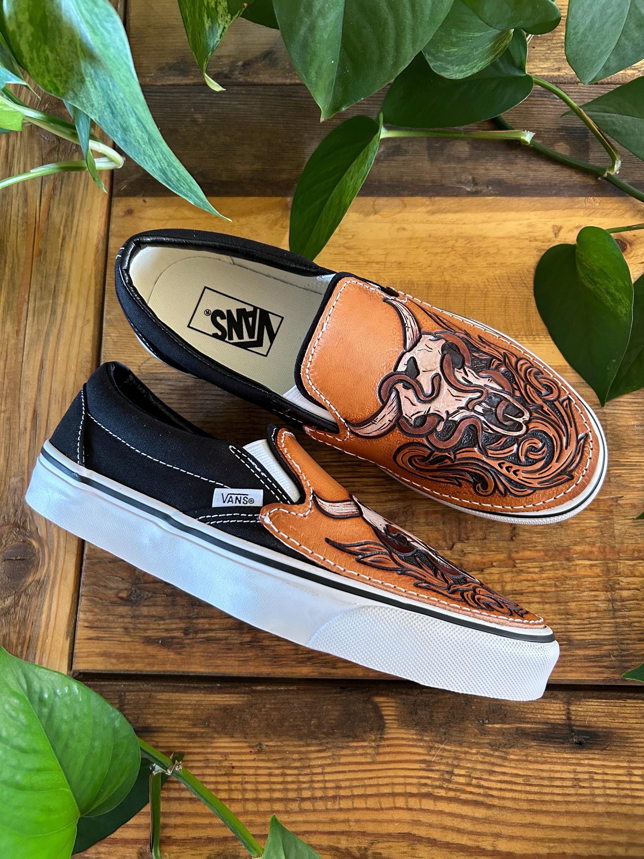 Tooled Leather Cow Skull & Snakes Vans: Western Desert Slip Ons 