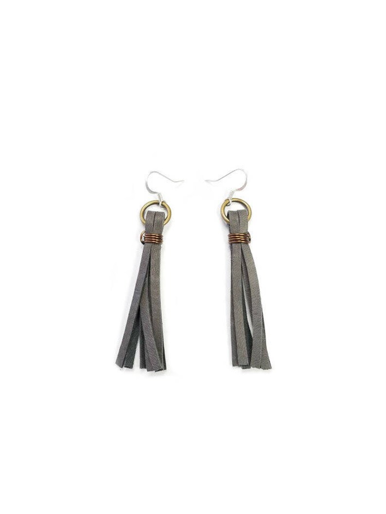 Leather Earrings Tassel Earrings Gray Leather Tassle Etsy