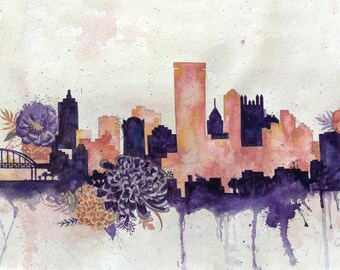 Floral Pittsburgh Skyline Painting Watercolor Print