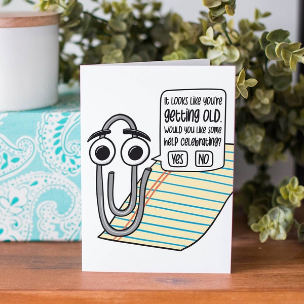 Tarjeta de cumpleaños nostálgica / Tarjeta de cumpleaños Clippy / Regalo de cumpleaños divertido / Tarjeta de tecnología / Regalo nerd / Tarjeta de cumpleaños geek / Tarjeta temática de los años 90