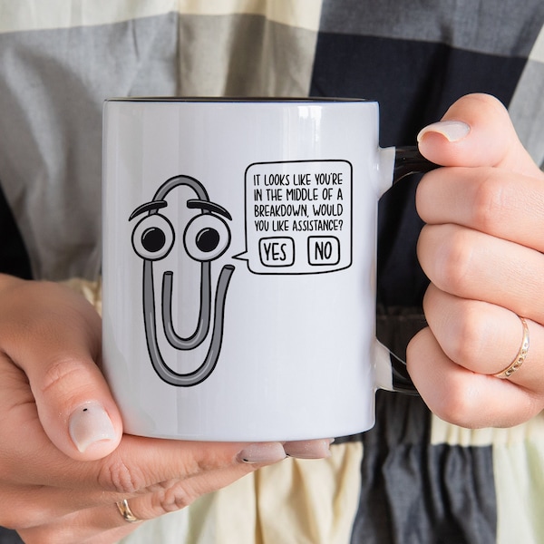 Funny Millennial Mug | Clippy Paperclip Breakdown Mug | Funny Birthday Gift | Technology Mug | Nerdy Present | Geek Birthday Gift | 90s Mug