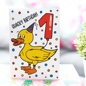 Carte 1er anniversaire de canard | Première carte souvenir | Carte d'étape | Carte d'anniversaire de bébé | Carte d'anniversaire drôle | Carte d'anniversaire pour enfants | Cadeau mignon