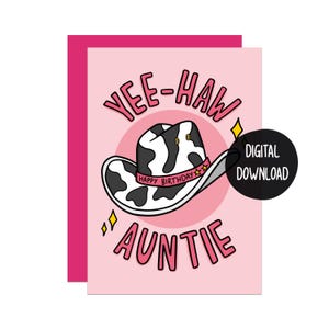 Linda tarjeta de cumpleaños para tía / Tarjeta de vaquera / Tarjeta de cumpleaños para tía / Tarjeta con estampado de vaca / Tarjeta con temática del oeste / Tarjeta Yeehaw
