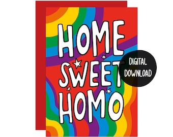 Divertida tarjeta de inauguración de casa gay: Hogar, dulce homo (Descarga digital en PDF)