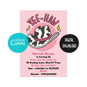 Invitation d'anniversaire de cow-girl | Invitation rodéo | Invitation impression vache | Invitation sur le thème de l'Ouest | Yeehaw inviter | Invitation pour elle