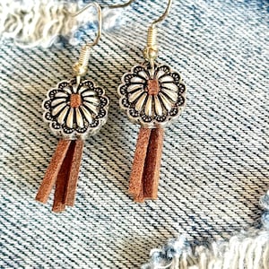 Concho Leather Fringe Earrings: Western Cowgirl Boho Jewelry