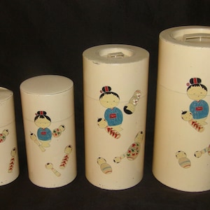 Rare Antique Japanese Tin Tea Caddies 4pc Set Nesting Kokeshi Doll Caddies SMLXL