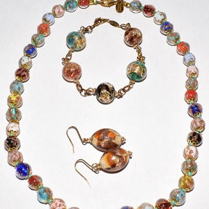 Vintage 3pc Murano Gold Foil Venetian Glass Necklace Set with 14K Gold Bracelet Vintage Jewelry