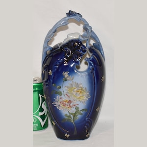 Vintage French Porcelain Vase 11&quot; Cobalt Blue Hand Decorated Floral Vase Marked Vintage Flower Vase Vintage Italian Porcelain Vase