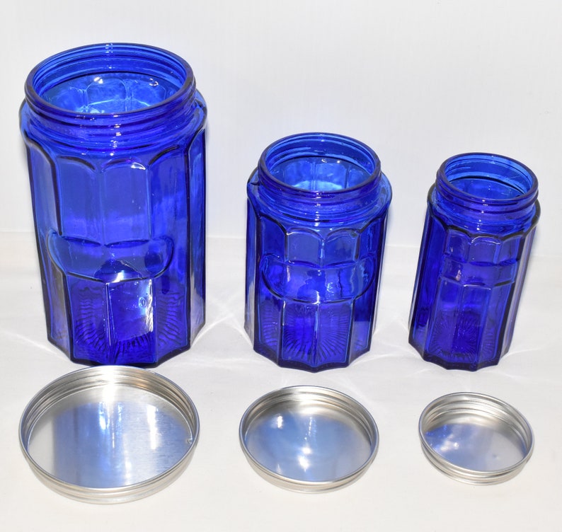 3pc Set Vintage Cobalt Blue Glass Jars With Silver Metal Lids