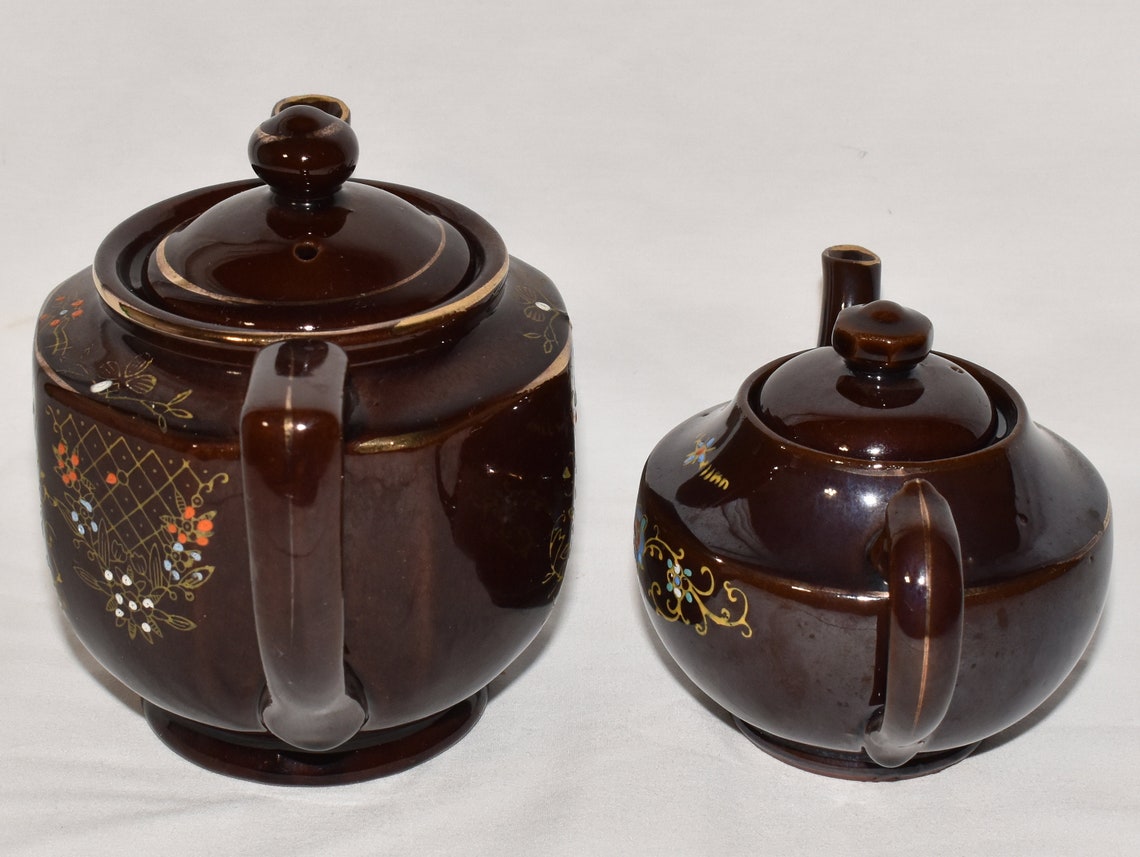 Vintage Japanese Redware Teapots 2 Brown Handpainted Teapots With