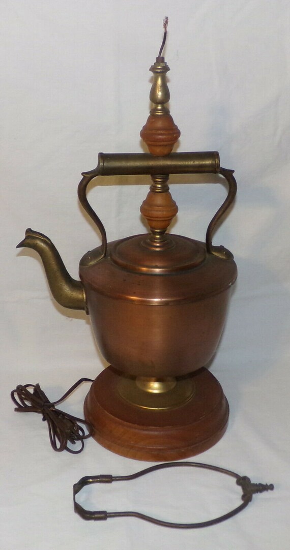 Vintage Tea Kettle Lamp Wood Brass Copper Tabletop Lamp Vtg Etsy