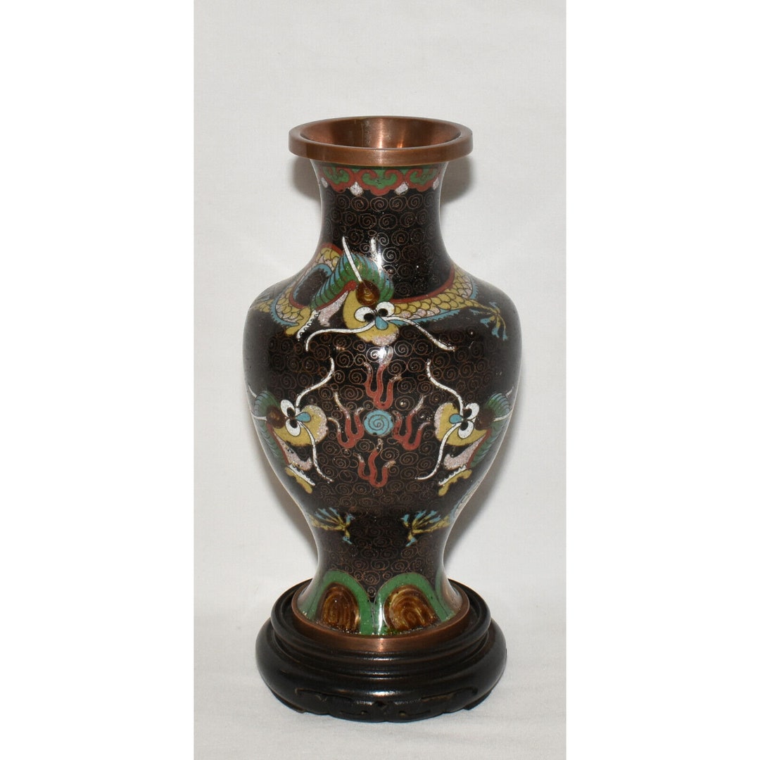 Vintage Chinese Cloisonne Dragon Vase on Stand Hand Painted Etsy