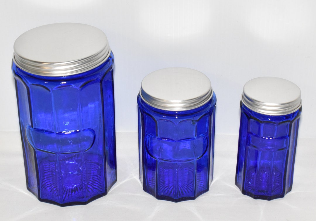 3pc Set Vintage Cobalt Blue Glass Jars With Silver Metal Lids