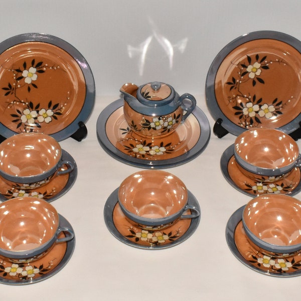 1930's Japanese Lusterware Cherry Blossom Snack Plates Teacups Creamer 15pc Set Lustreware China Snack Plates Teacups Saucers Creamer