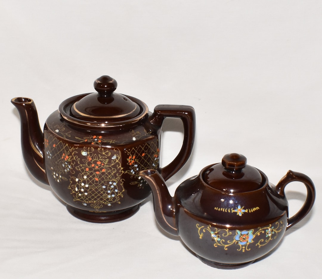 Vintage Japanese Redware Teapots 2 Brown Handpainted Teapots With