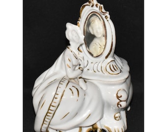 Vintage Japan White Ceramic Dresser Box Victorian Lady at Vanity Lidded Dresser Hair Box Large Porcelain Trinket Box Vanity Jewelry Box