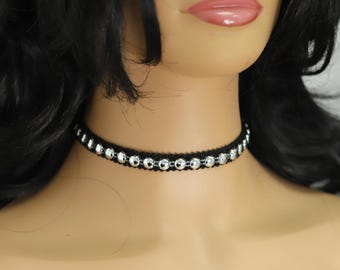 Black Lace Gothic Choker Adjustable black with Silver tone design cups (#13)