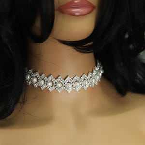 Sparkly Fancy White Stone & Pearl Choker Necklace Adjustable White Rhinestone Chokers  (#64)