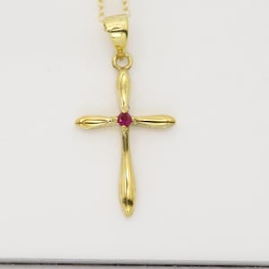 Silver Cross Natural Red Ruby Cross Pendant plated with 14k gold