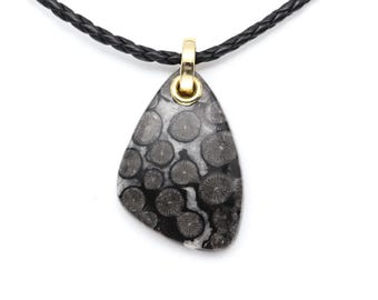 Black Fossil Coral stone Necklace Natural Stone Pendant 14K Yellow Gold & Leather