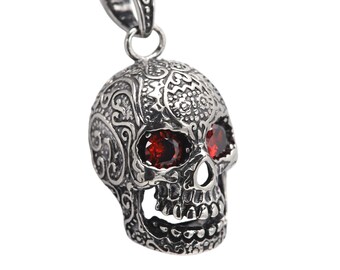 Skull Pendant Stainless Steel 1.25' inch with red stones Gothic Jewelry
